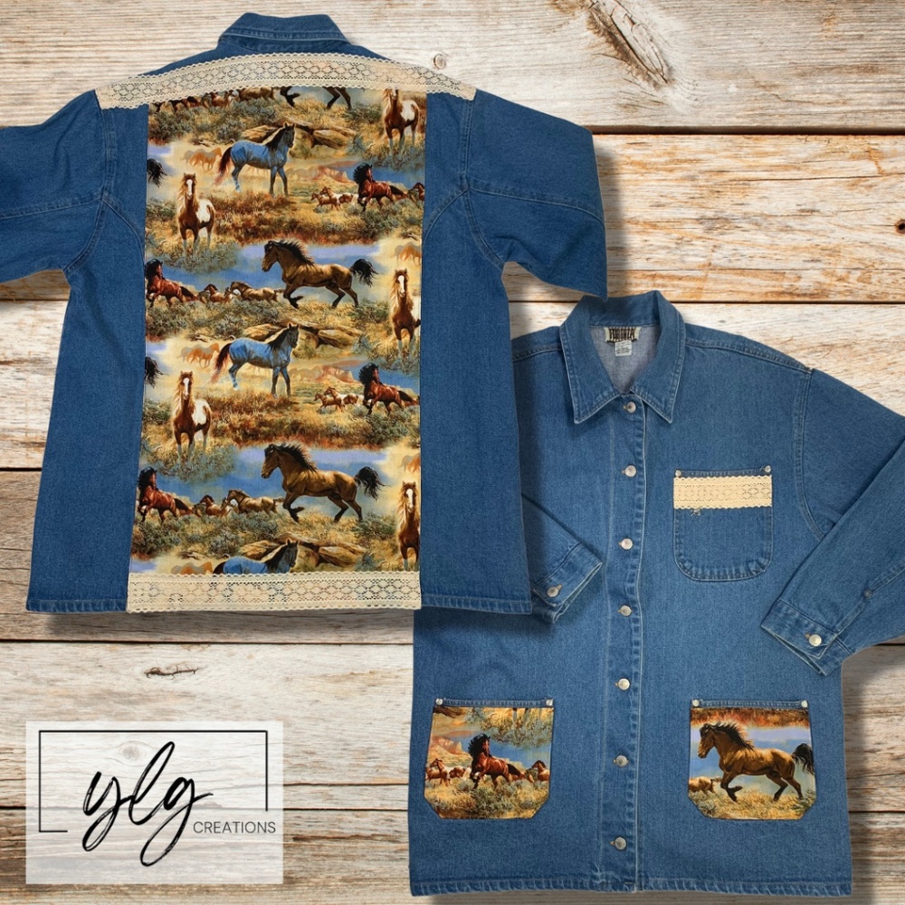Boho Denim Barn Jacket Country Cowgirl Chic Western Horse Rodeo Oversized